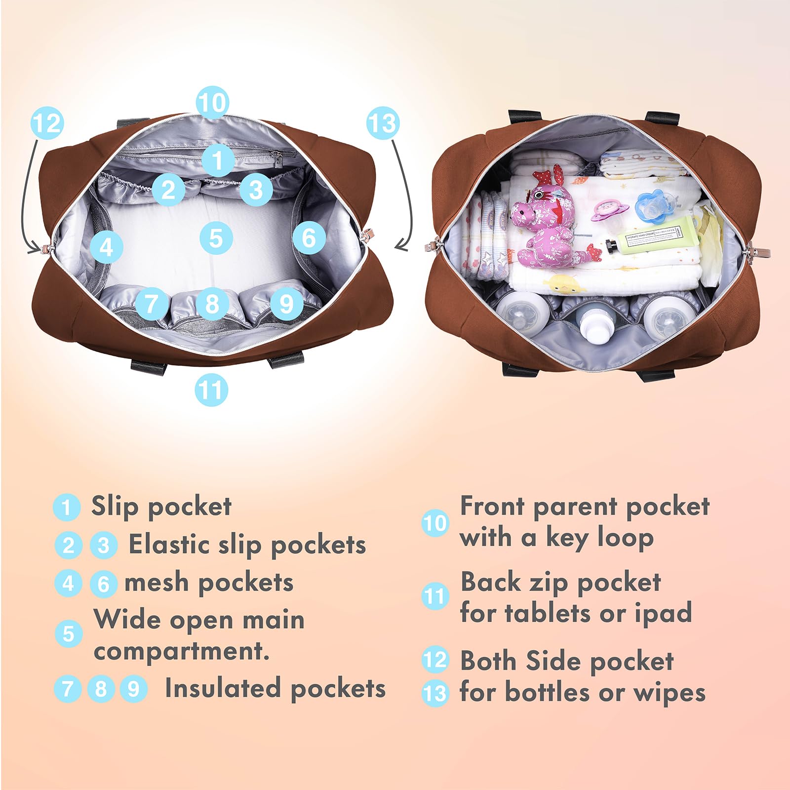 Dikaslon diaper bag luggage sleeve for easy travel over carry-on handles.