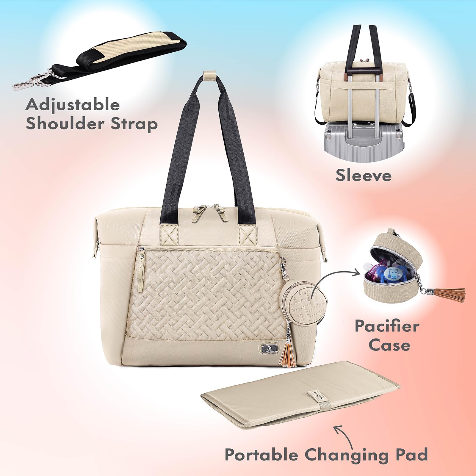 Dikaslon diaper bag tote back view highlighting luggage sleeve for travel ease.