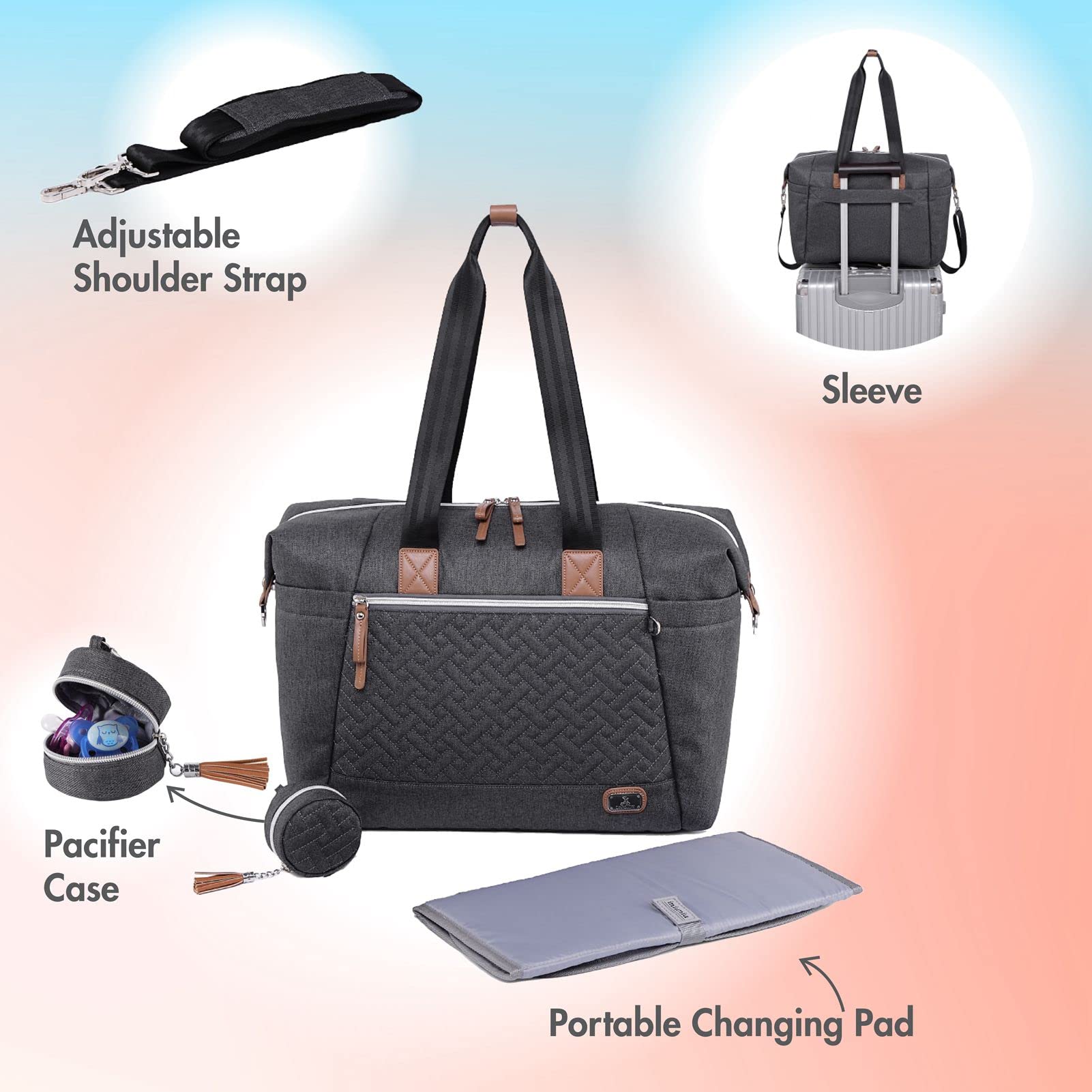 Dikaslon diaper bag tote with changing pad ready for quick diaper changes.