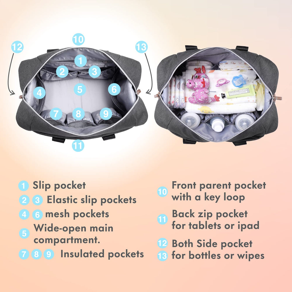Dikaslon diaper bag tote front pocket offers fast access to essentials.
