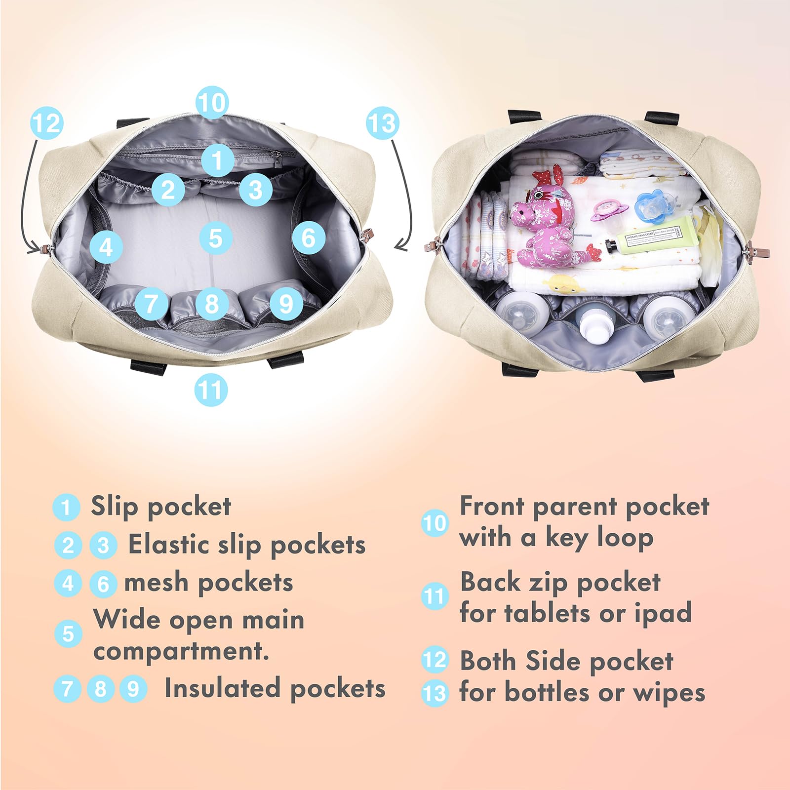 Dikaslon diaper bag tote insulated pouches on side support temperature-sensitive items on the go.