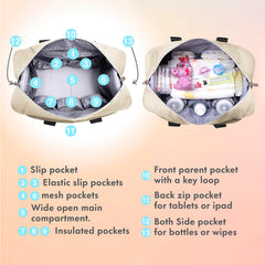 Dikaslon diaper bag tote insulated pouches on side support temperature-sensitive items on the go.