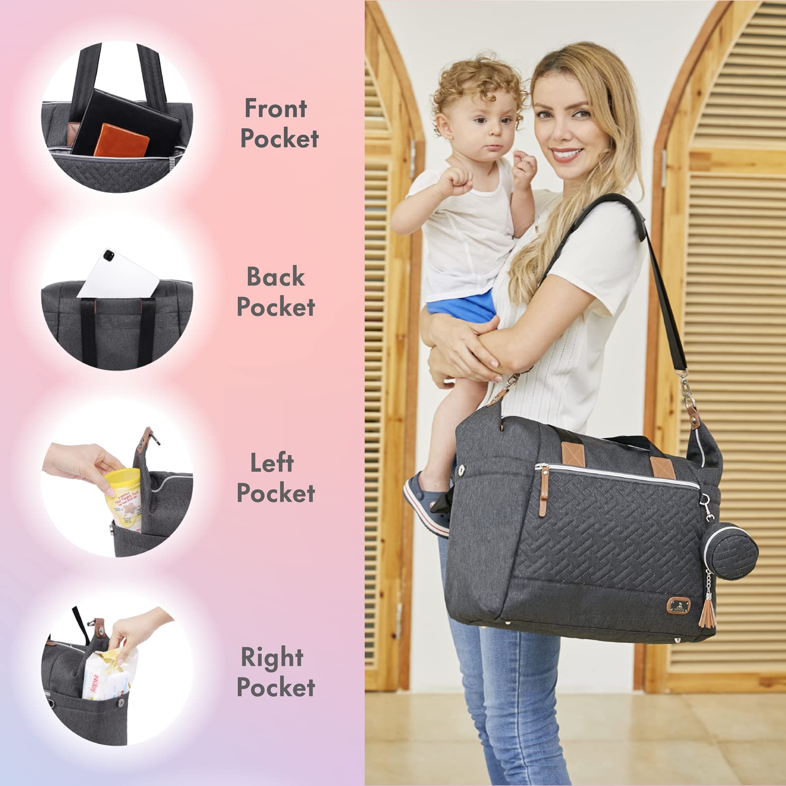 Dikaslon diaper bag tote luggage sleeve fits over carry-on handles.