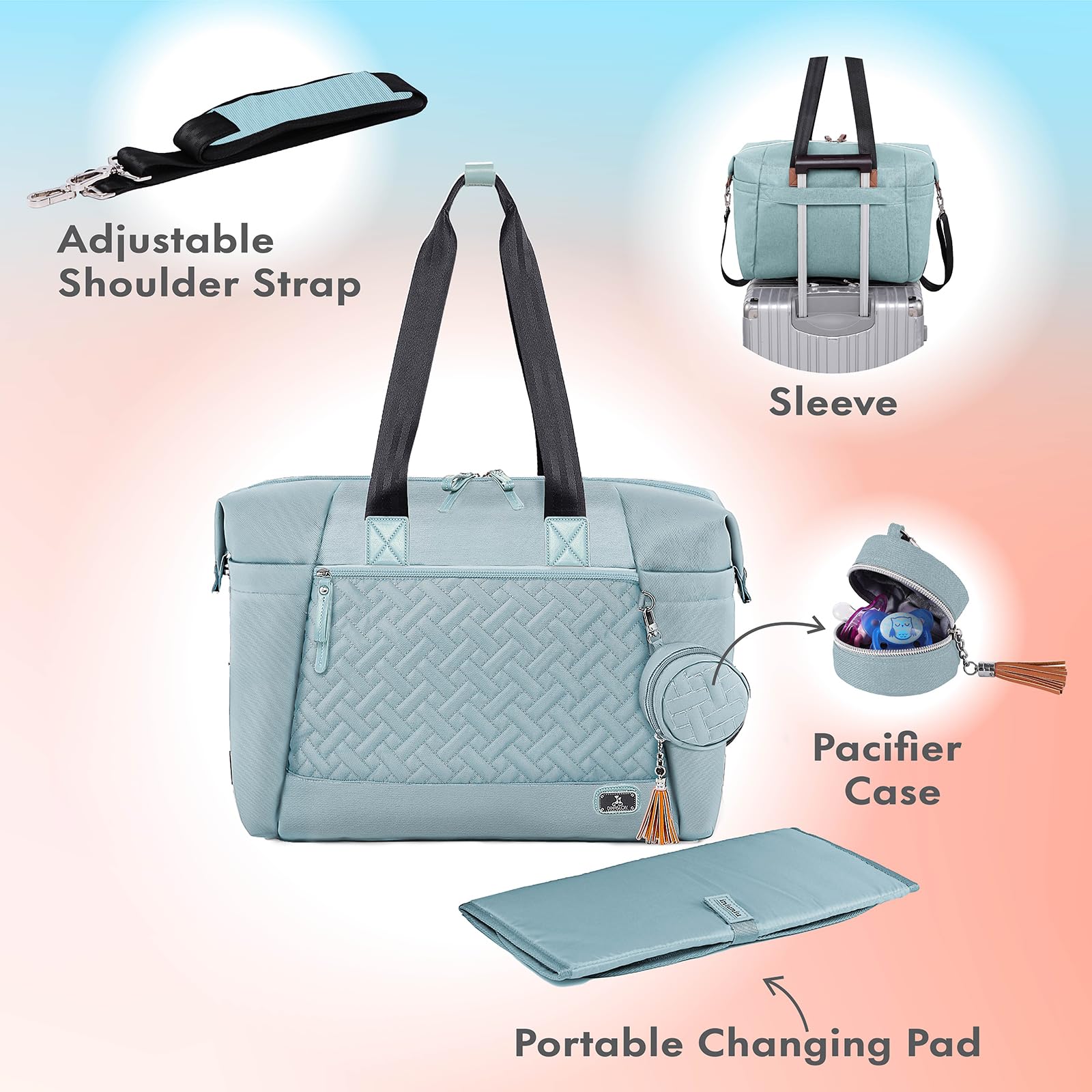 Dikaslon diaper bag tote side pocket close-up for quick bottle or wipe storage
