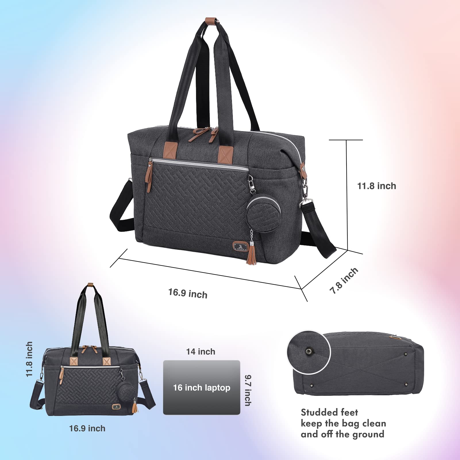 Dikaslon diaper bag tote studded feet keep bag clean and elevated.