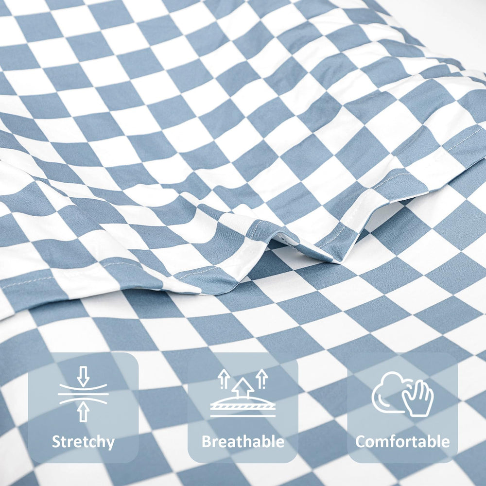 DILIMI blue checkerboard cover on bed highlights modern style and easy-care fabric.