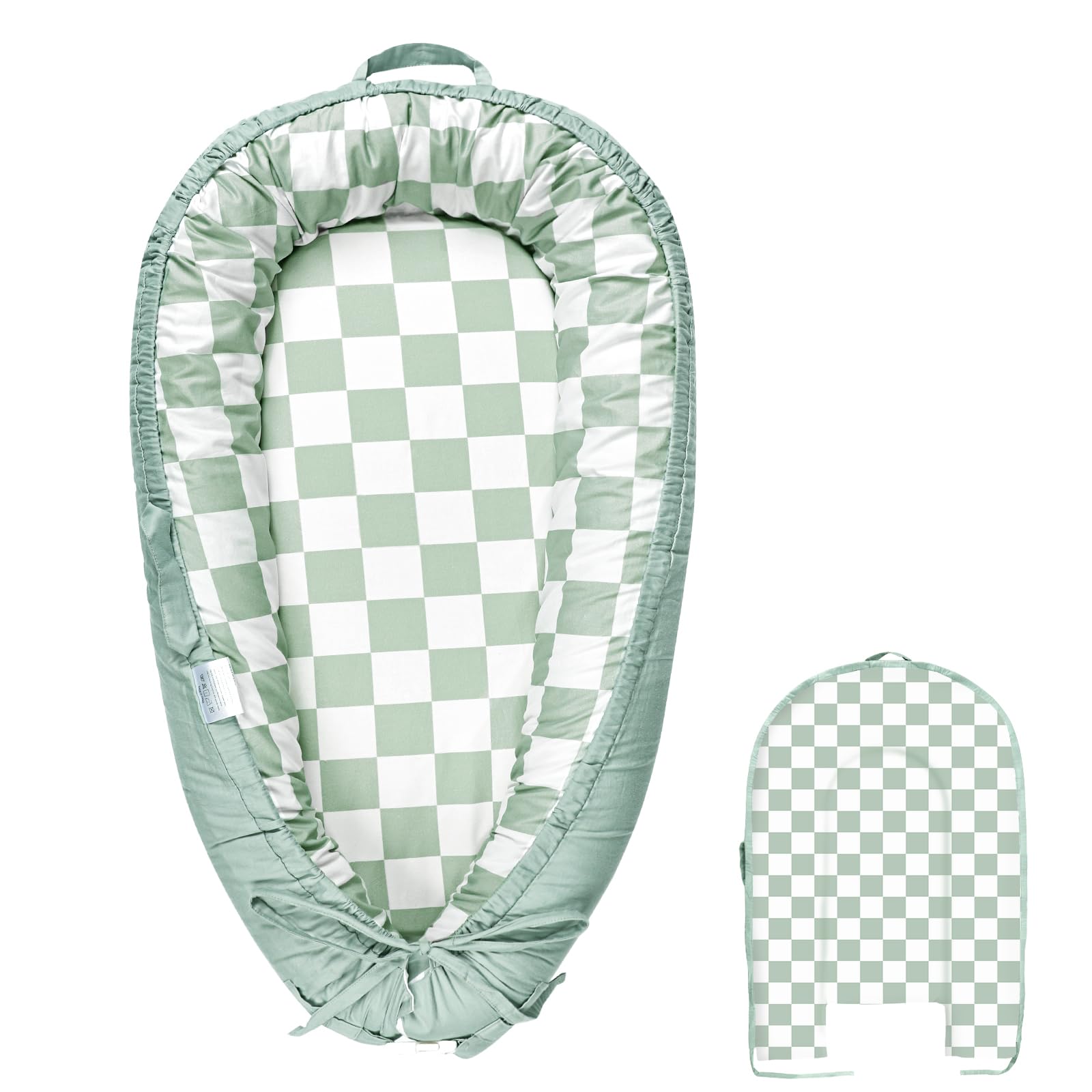 DILIMI baby lounger cover green checkered closeup shows soft cotton comfort