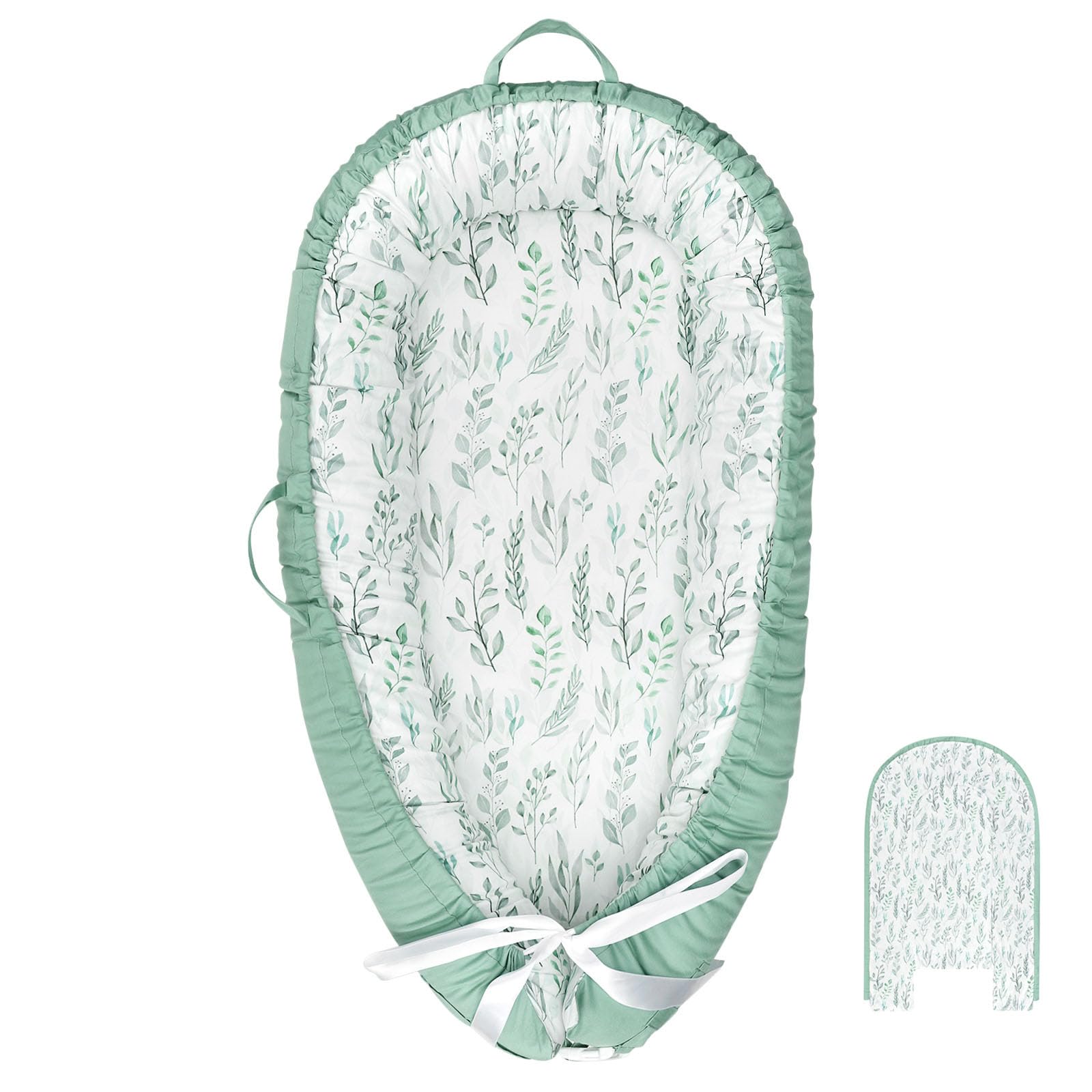 DILIMI baby lounger cover in green leaf pattern front view for easy quick cleanup.
