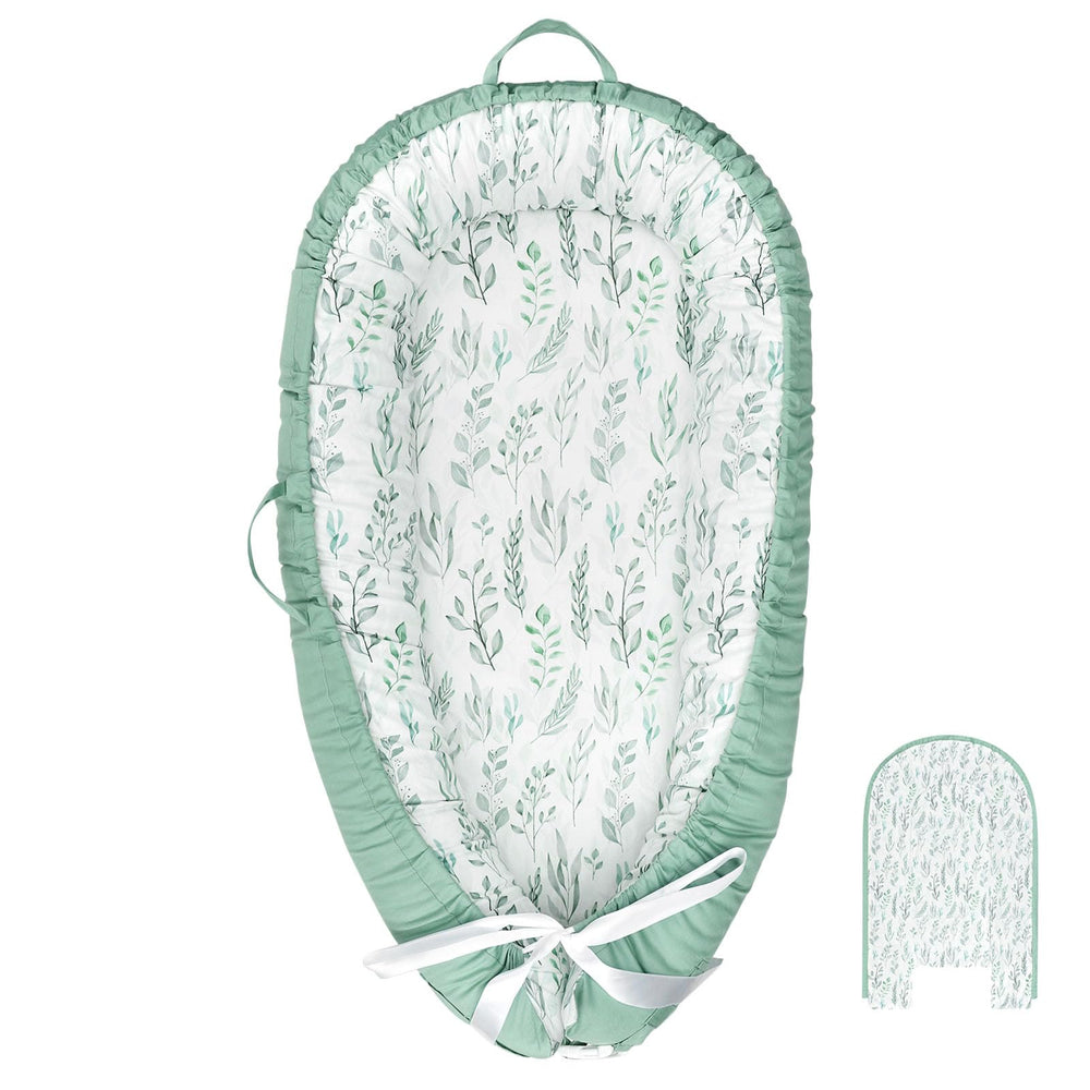 DILIMI baby lounger cover in green leaf pattern front view for easy quick cleanup.