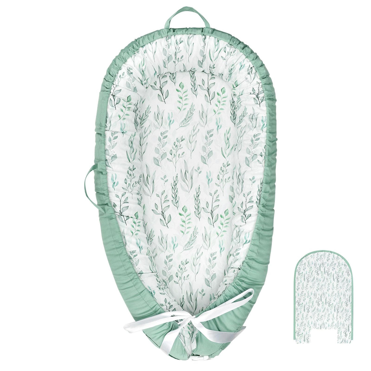 DILIMI baby lounger cover in green leaf pattern front view for easy quick cleanup.