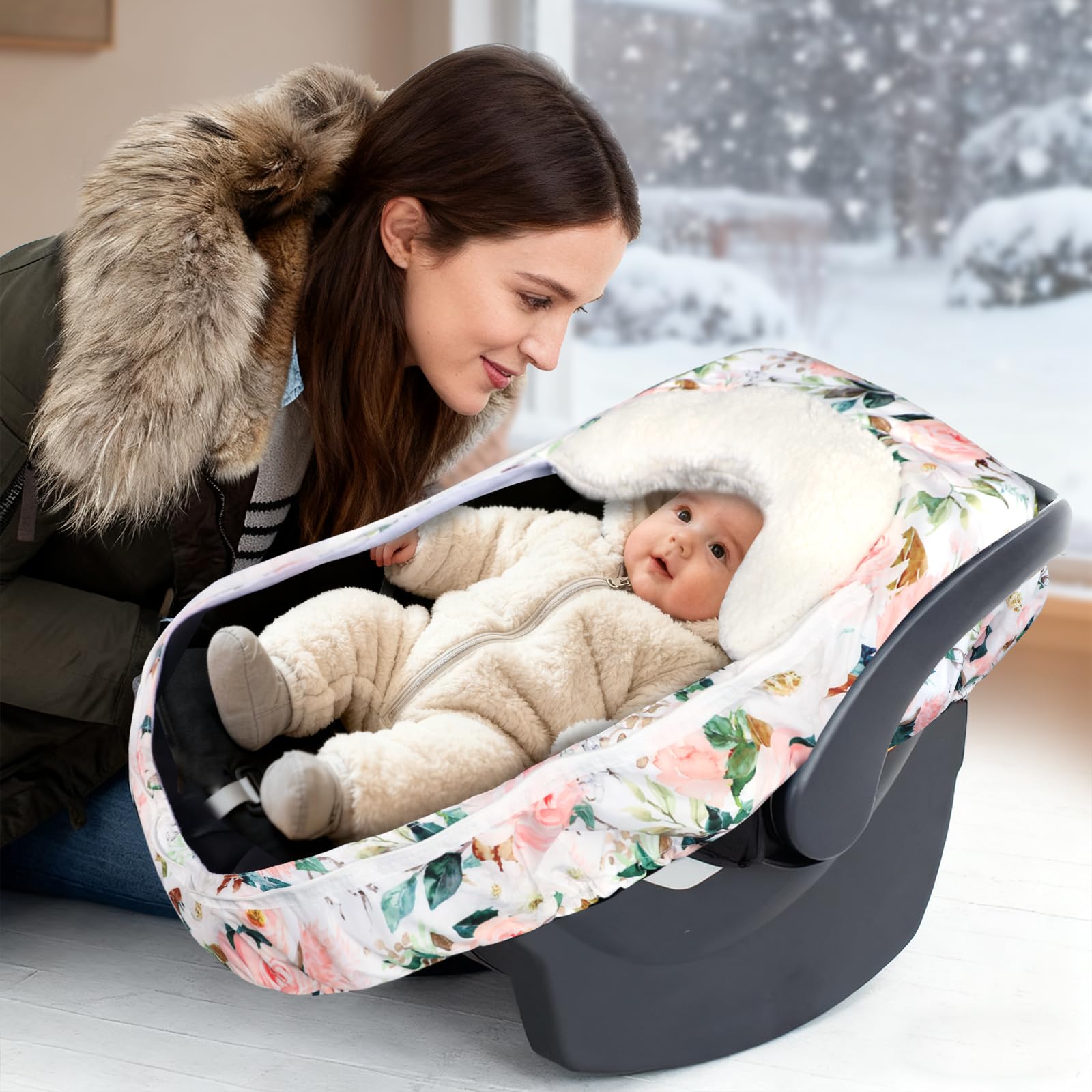 DILIMI car-seat-canopy on baby illustrates versatile protection during winter outings.