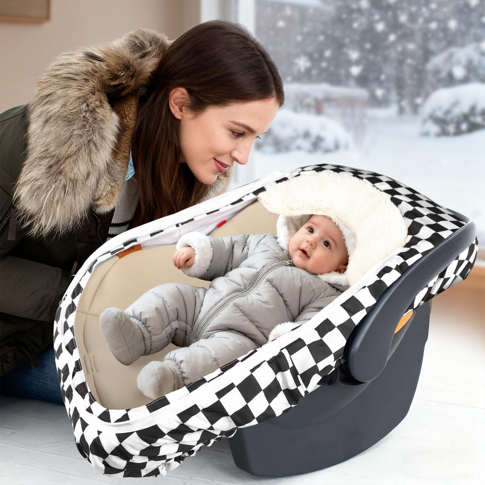 DILIMI car seat cover highlights temperature-regulating collar to adjust warmth.