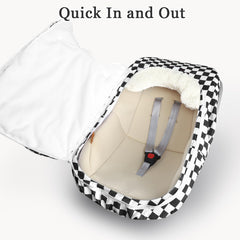 DILIMI car seat cover demonstrates universal fit with elastic bottom for carriers.