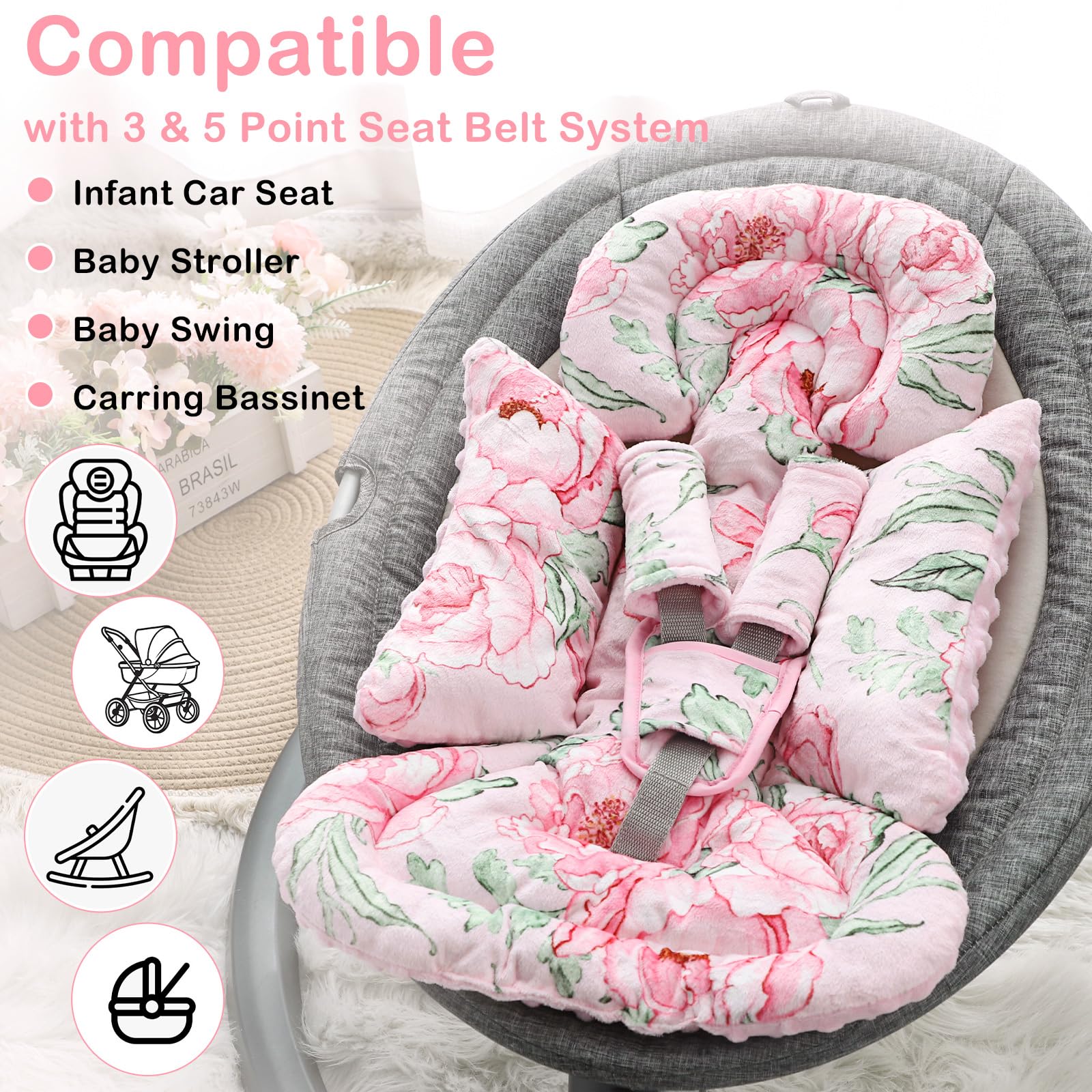DILIMI infant car seat insert compatible with 3 and 5-point harnesses.