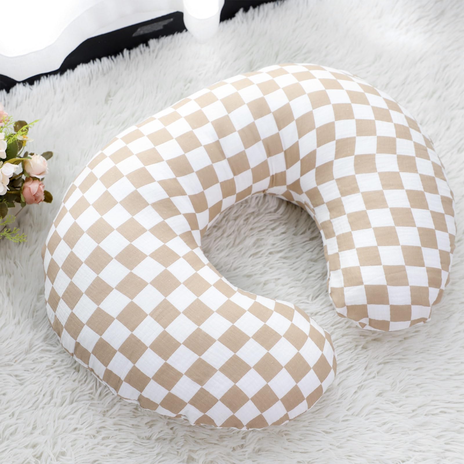 DILIMI muslin nursing pillow cover in brown checkered pattern is easy to wash and stays soft