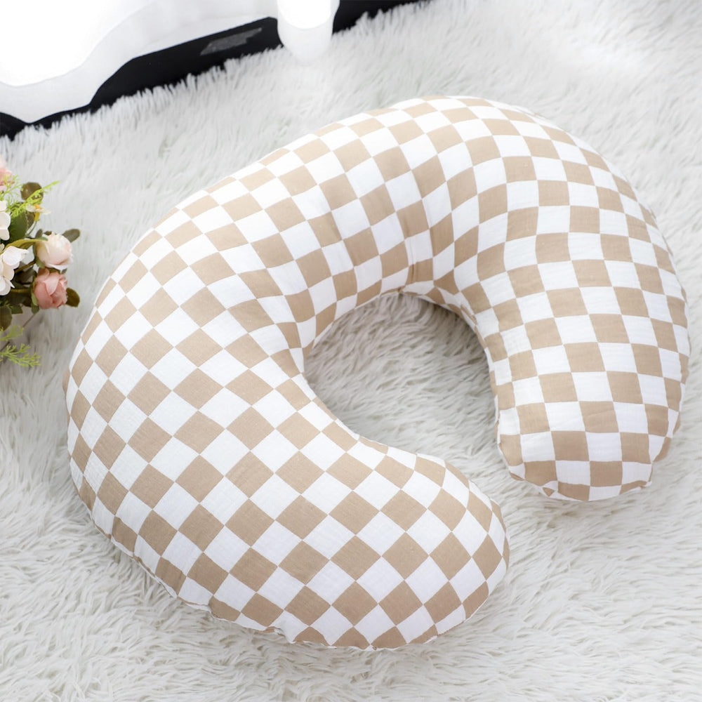 DILIMI muslin nursing pillow cover in brown checkered pattern is easy to wash and stays soft