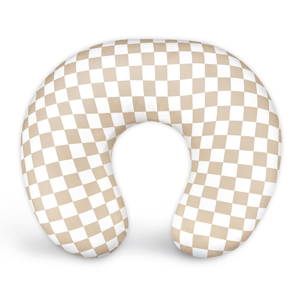 DILIMI nursing pillow cover in light brown checkerboard fabric for soft, baby-friendly comfort.