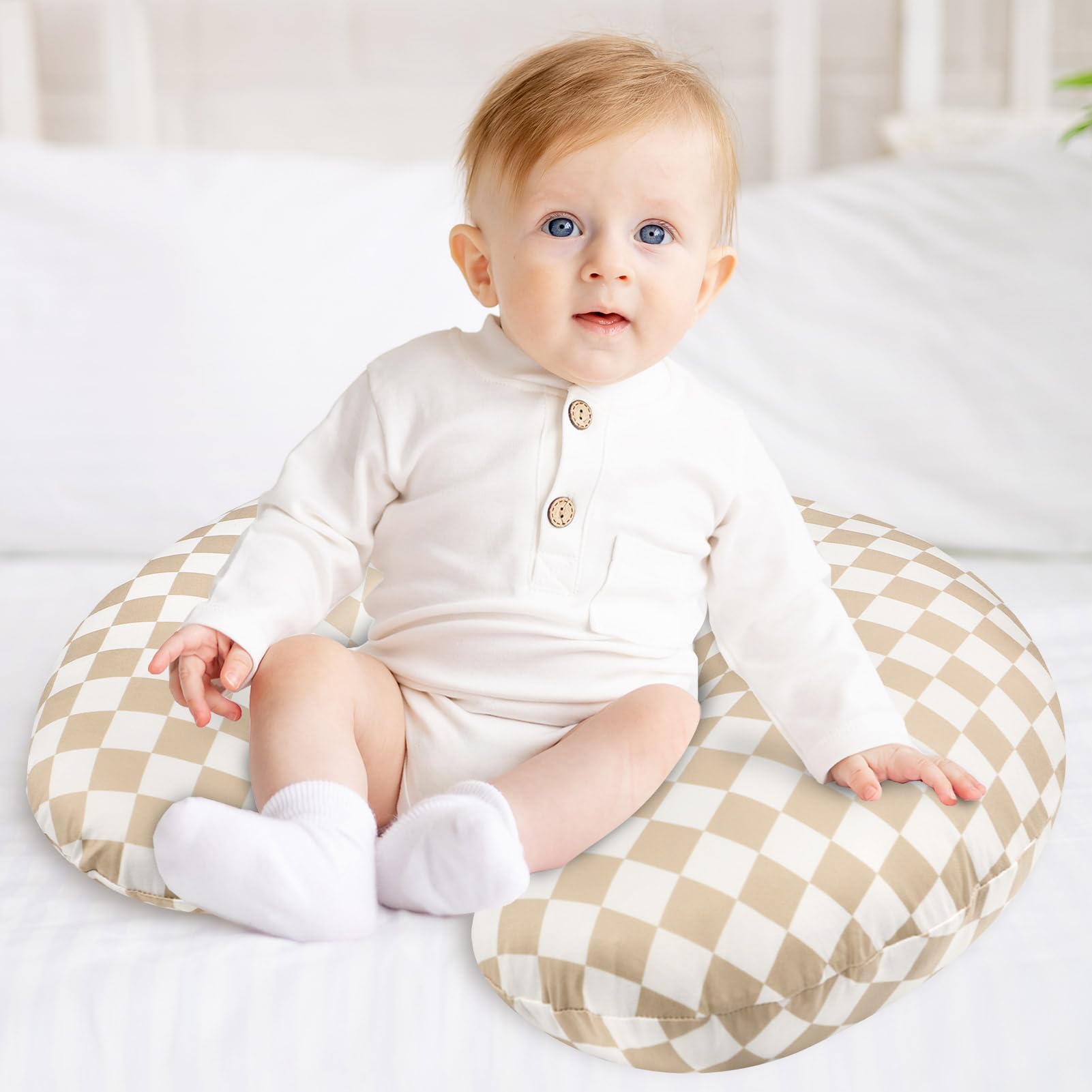DILIMI nursing pillow cover modern checkerboard design that blends with nursery decor.