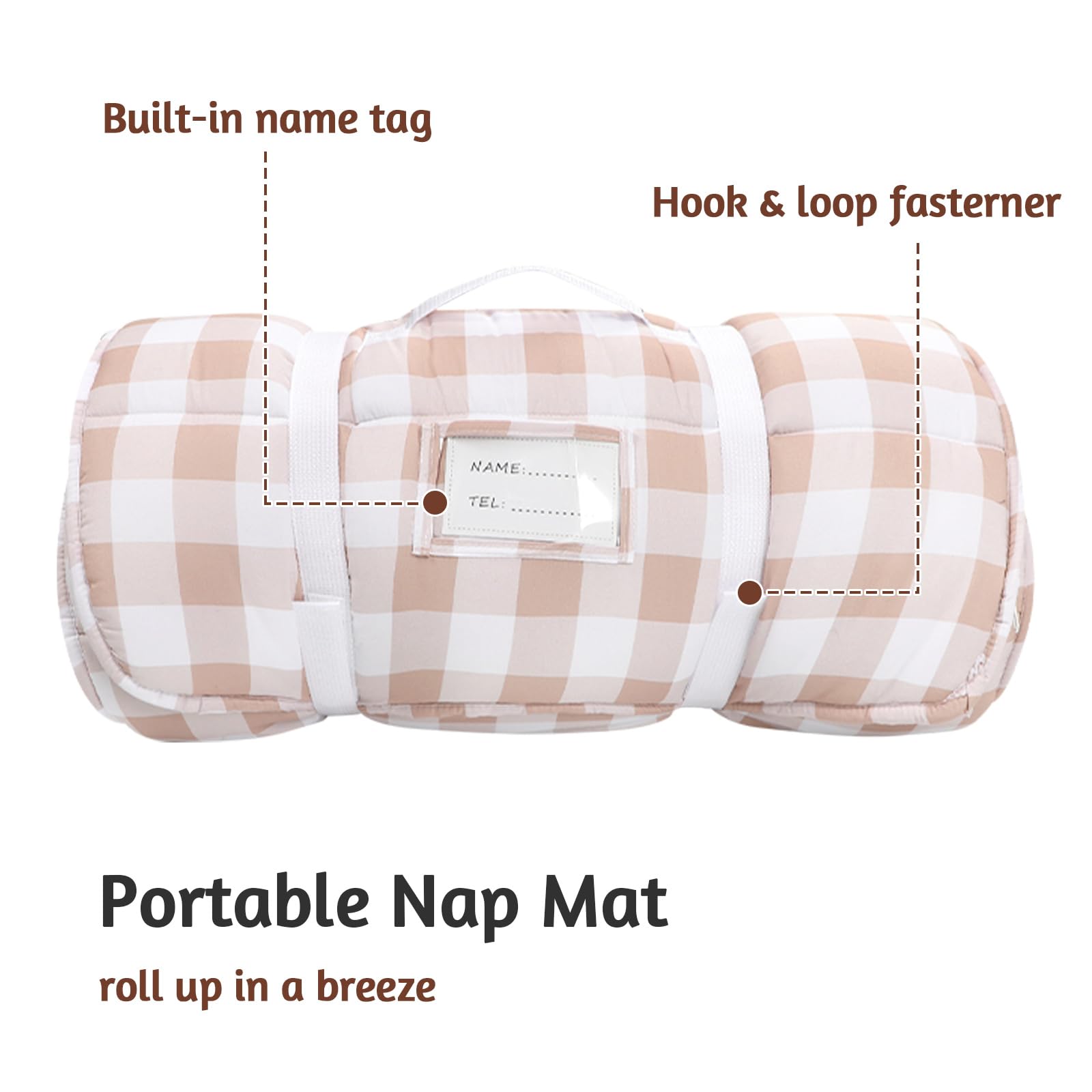 DILIMI nap mat in a brown checkered pattern with kid-friendly design.