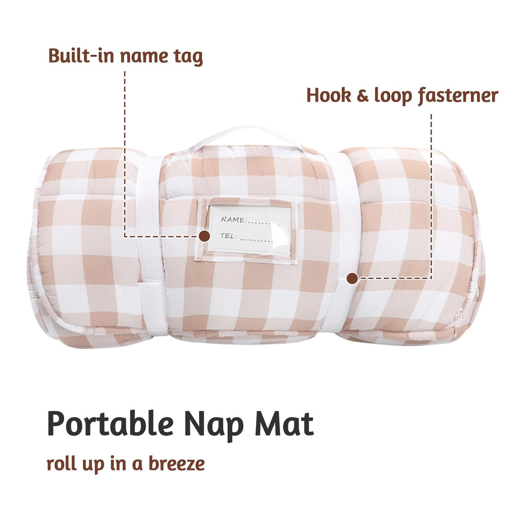 DILIMI nap mat in a brown checkered pattern with kid-friendly design.