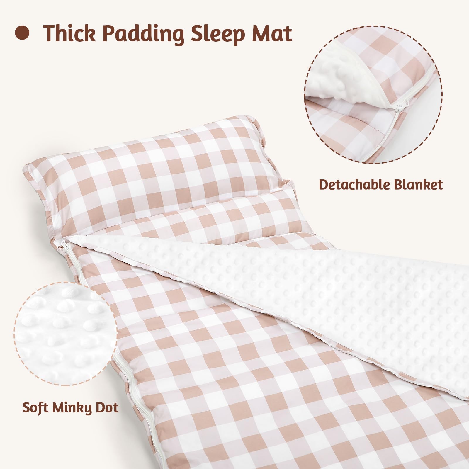 DILIMI nap mat features removable pillow for simple setup and cleaning.