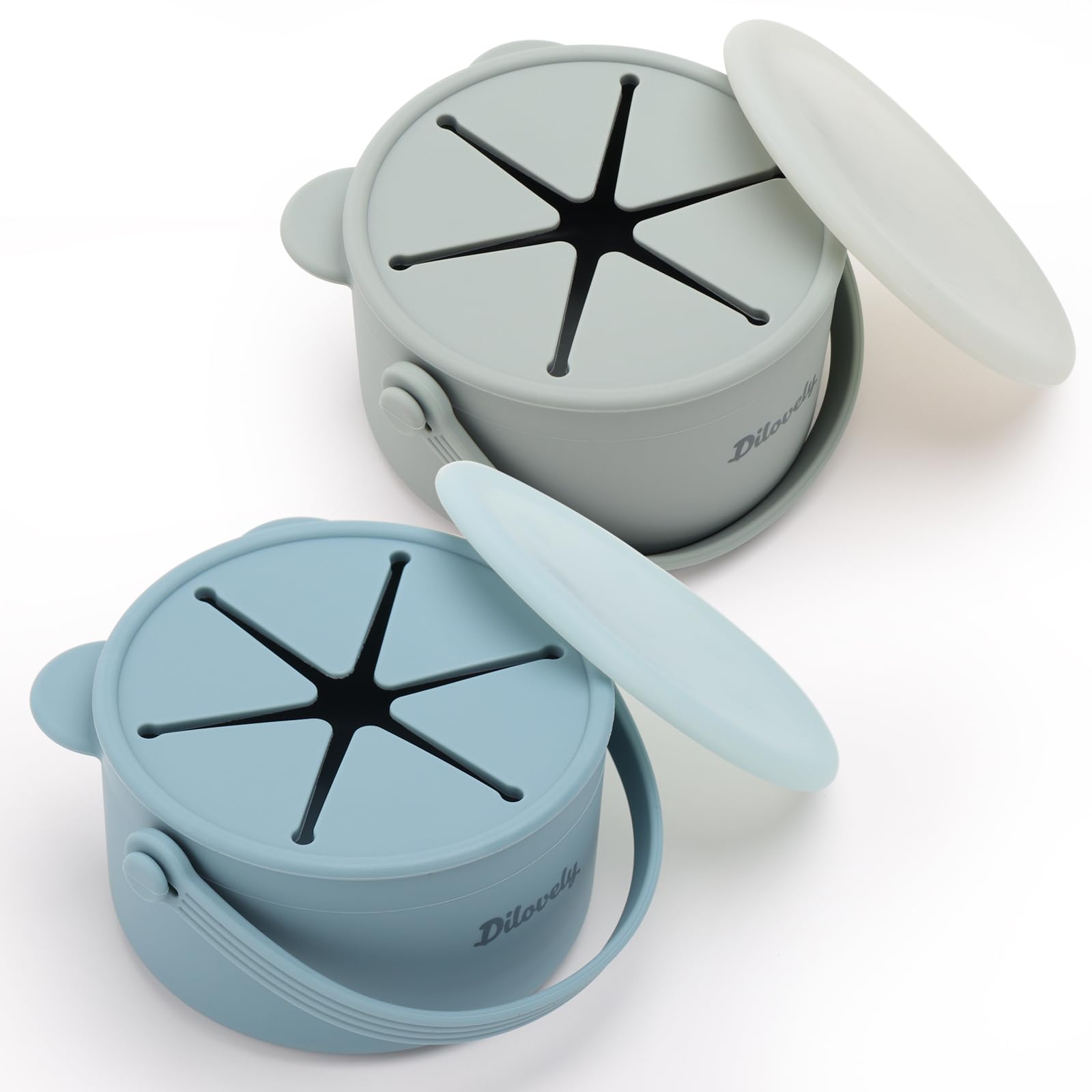 Dilovely silicone snack cups with dustproof lid for mess-free travel and storage.