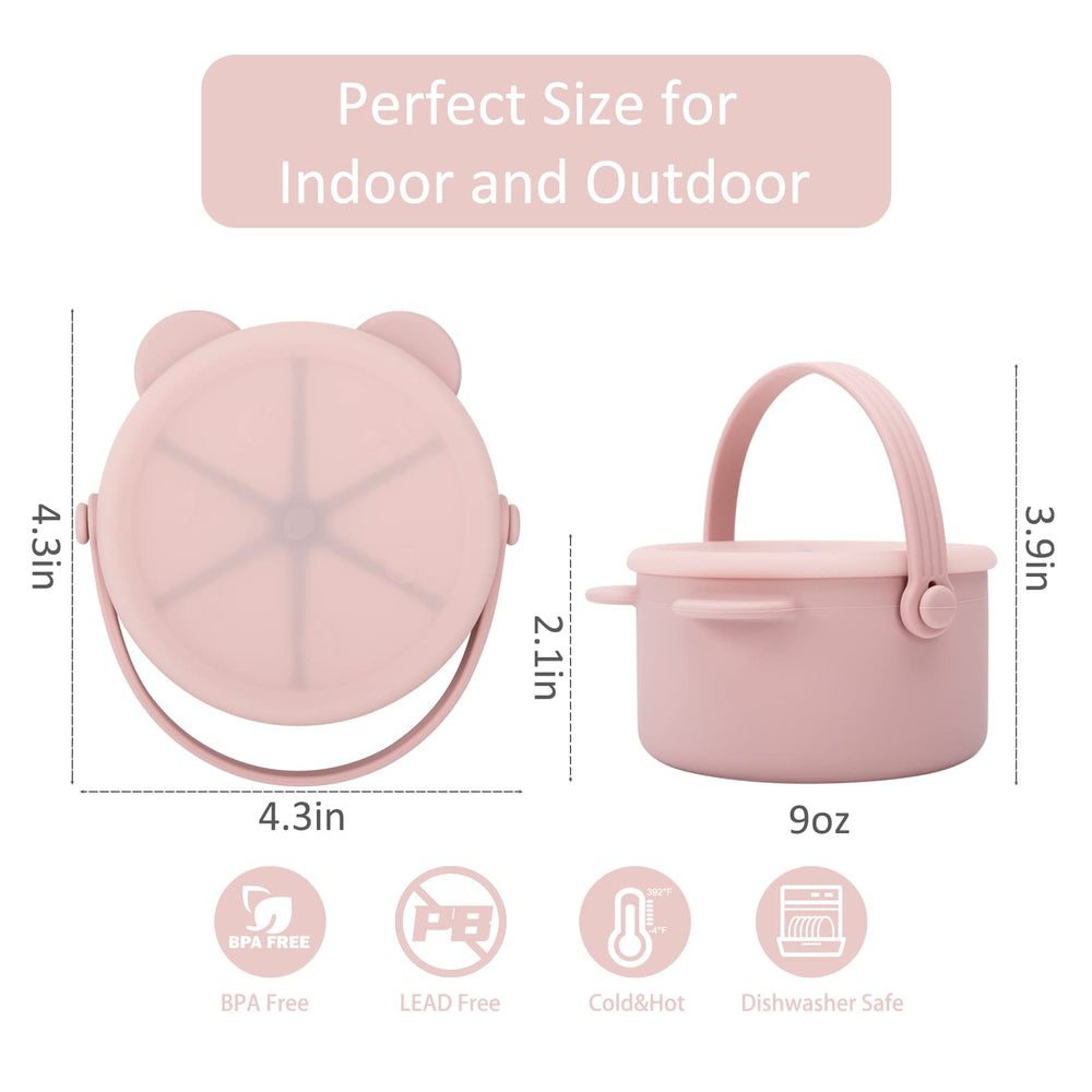 Dilovely lilac snack cups with soft-flaps allow safe toddler hand access