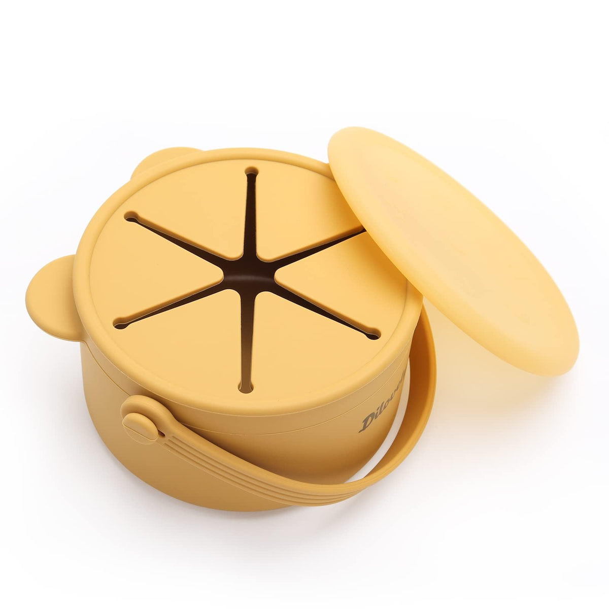 Dilovely snack cups mustard with lid on, tidy on-the-go snacking.