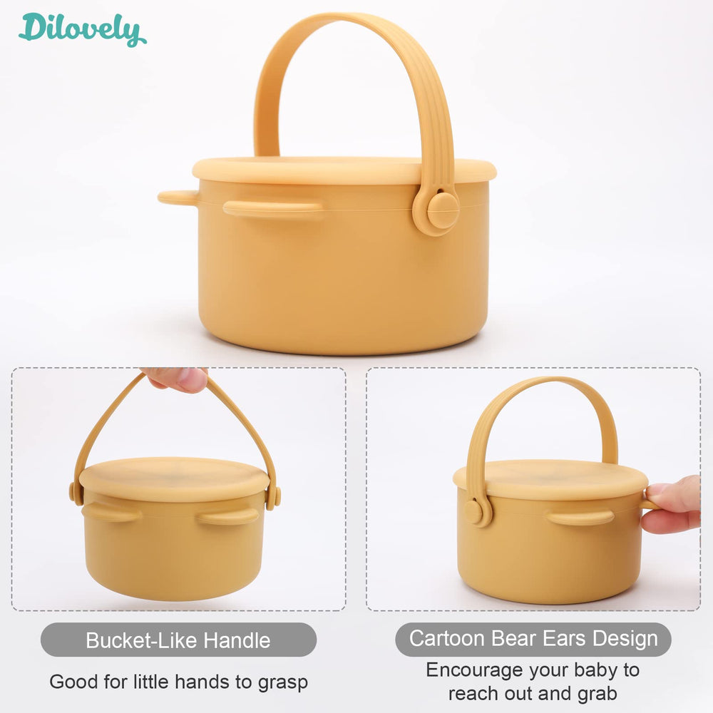 Dilovely snack cups mustard no-spill design reduces mess during meals.