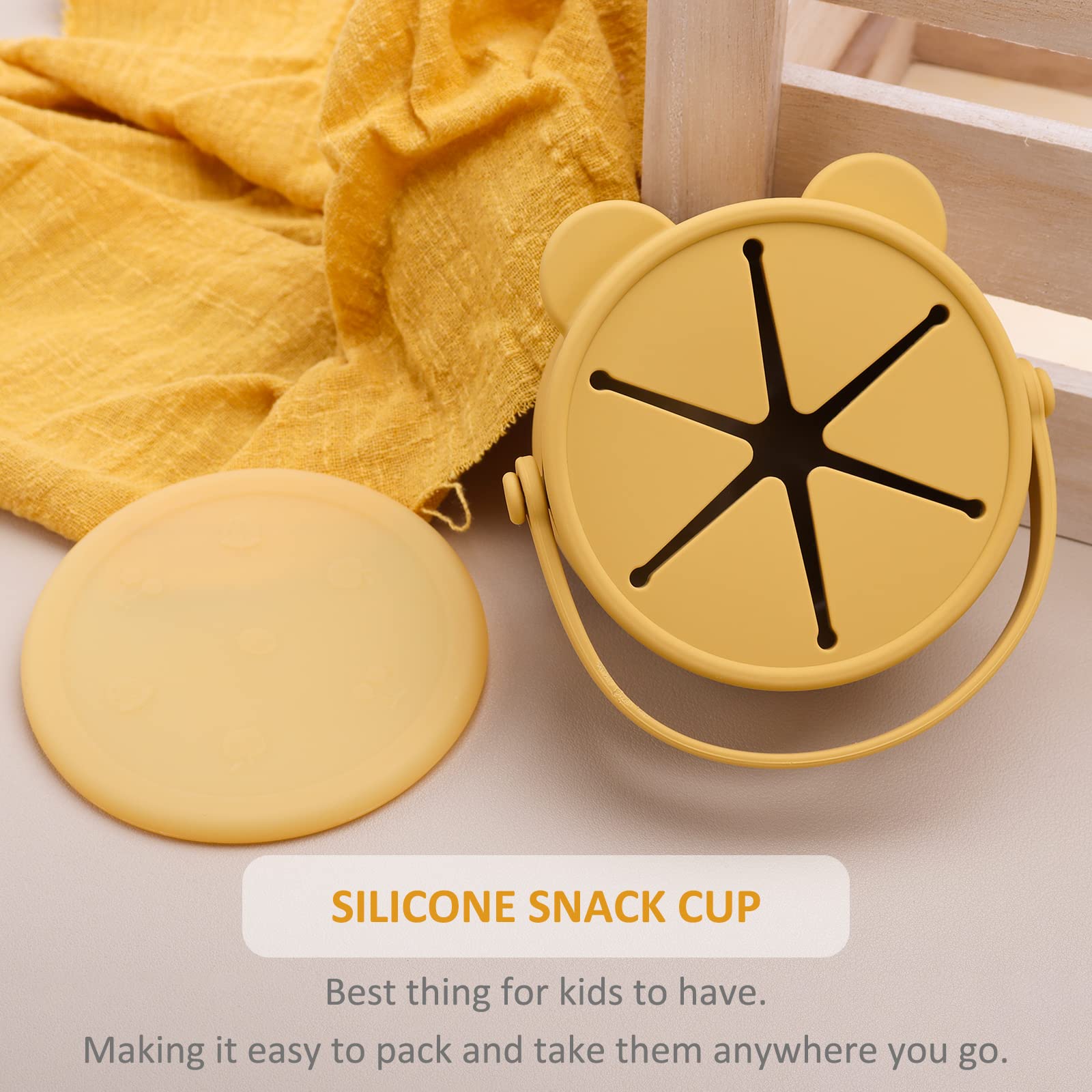 Dilovely snack cups mustard soft-flap teether feature soothing teething moments.