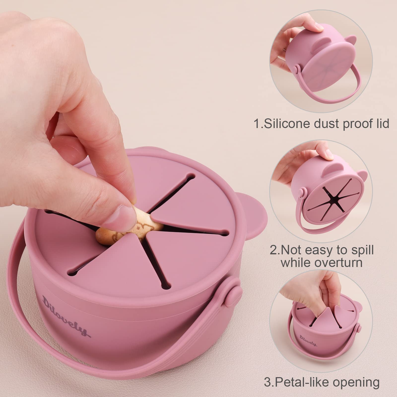 Dilovely snack cups rose lid shields contents from dust and dirt.