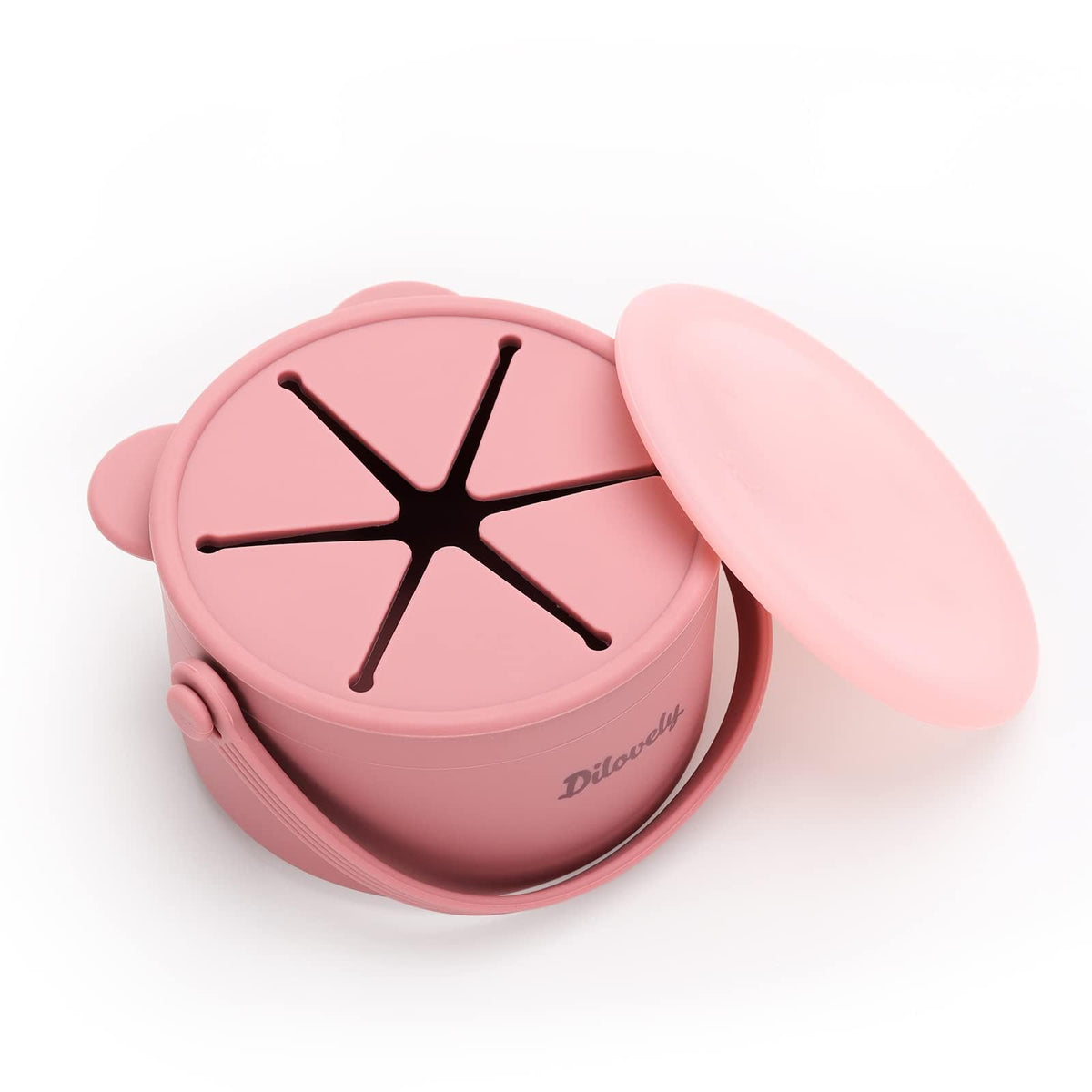 Dilovely snack cups rose with lid on demonstrate spill-resistant travel design.