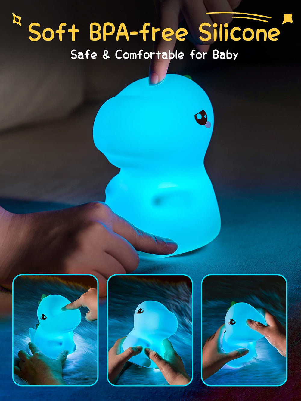 Dimanito Dinosaur night light color-cycle demonstrates color options for cozy room ambience.