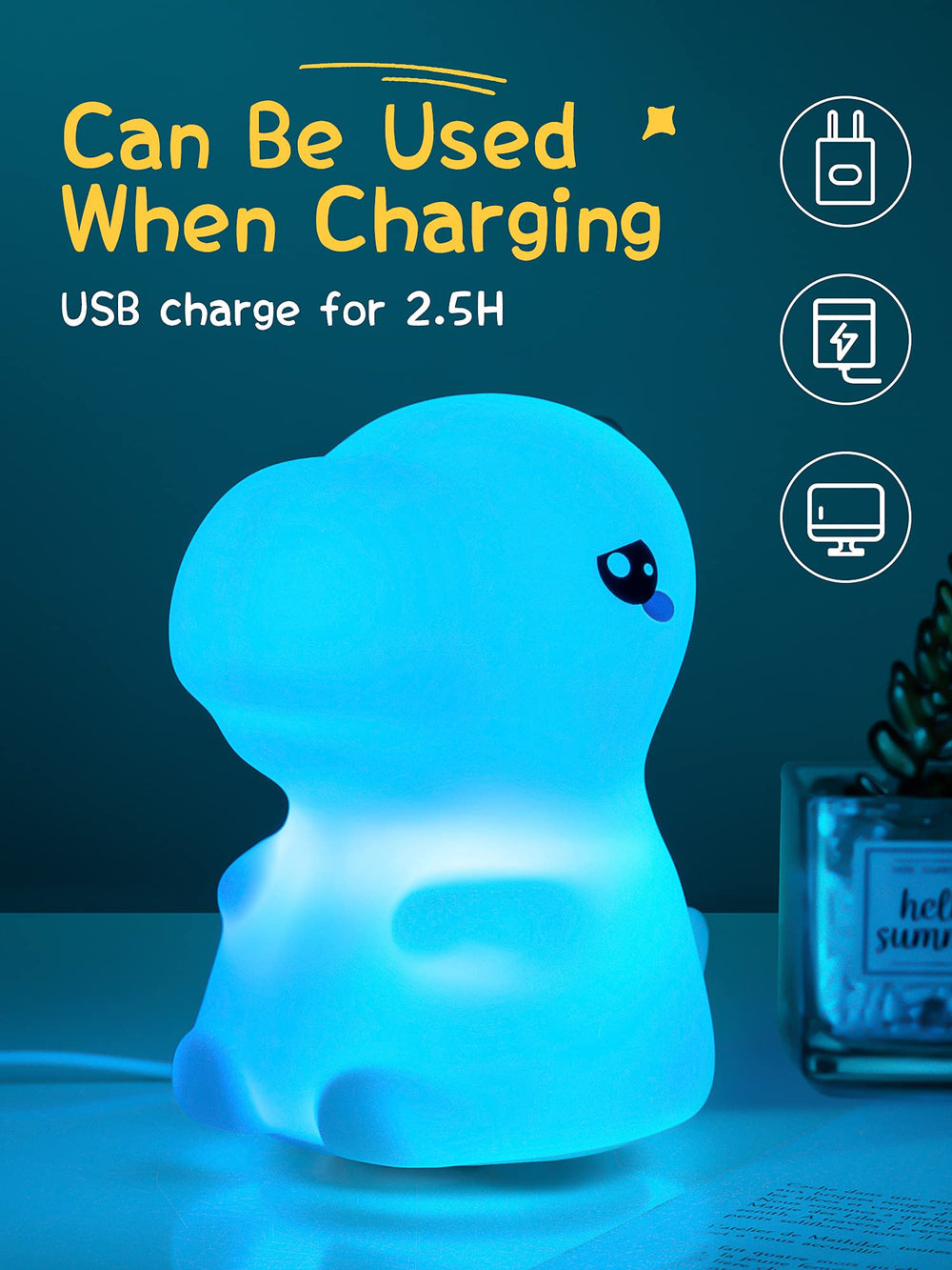 Dimanito Dinosaur night light recharge-port highlights cordless operation for night-time use.