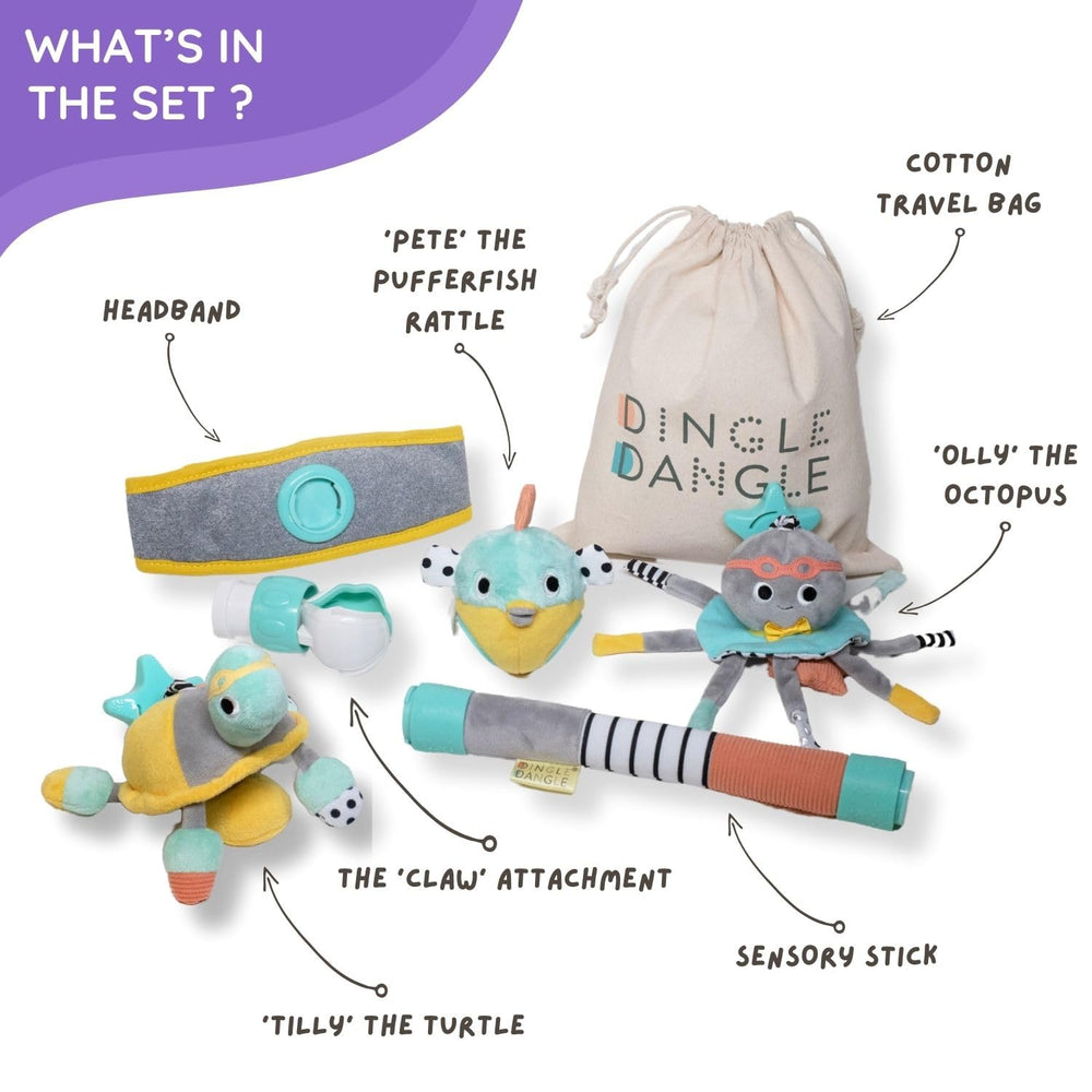 Dingle Dangle Deluxe Gift Set rattle teether provides safe sensory play for tiny hands.
