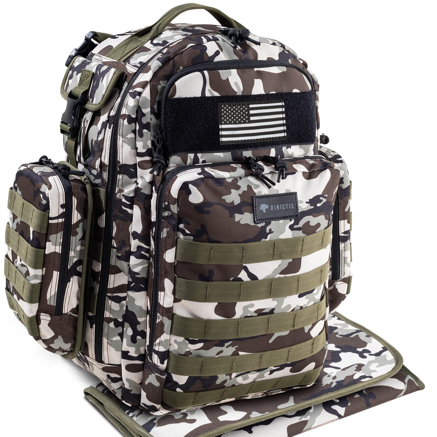 Dinictis Dad Diaper Bag front view showcases camo design and accessible main compartments for on-the-go dads.