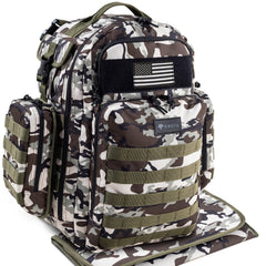 Dinictis Dad Diaper Bag front view showcases camo design and accessible main compartments for on-the-go dads.