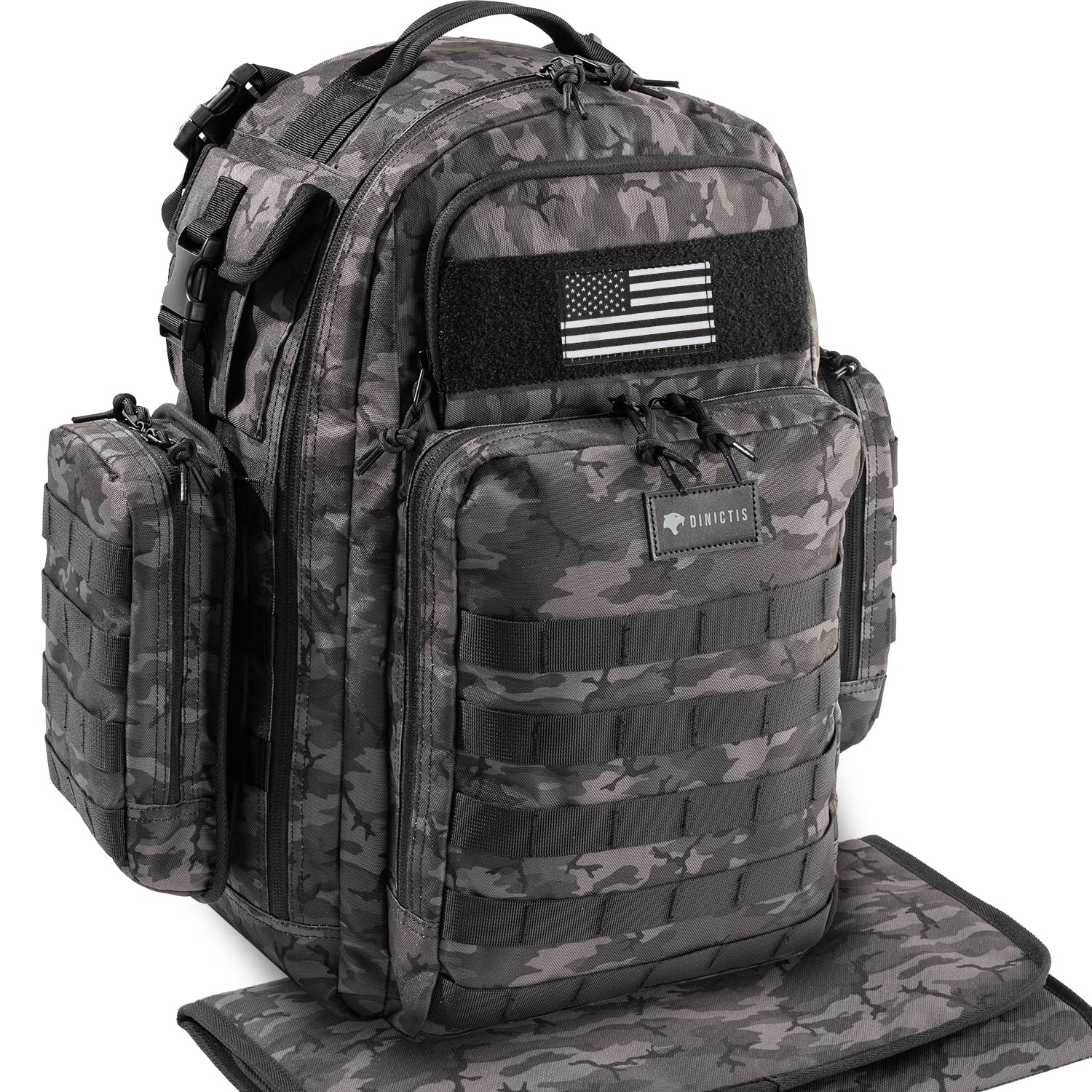 Dinictis Dad Diaper Bag front view shows organized pockets for quick access