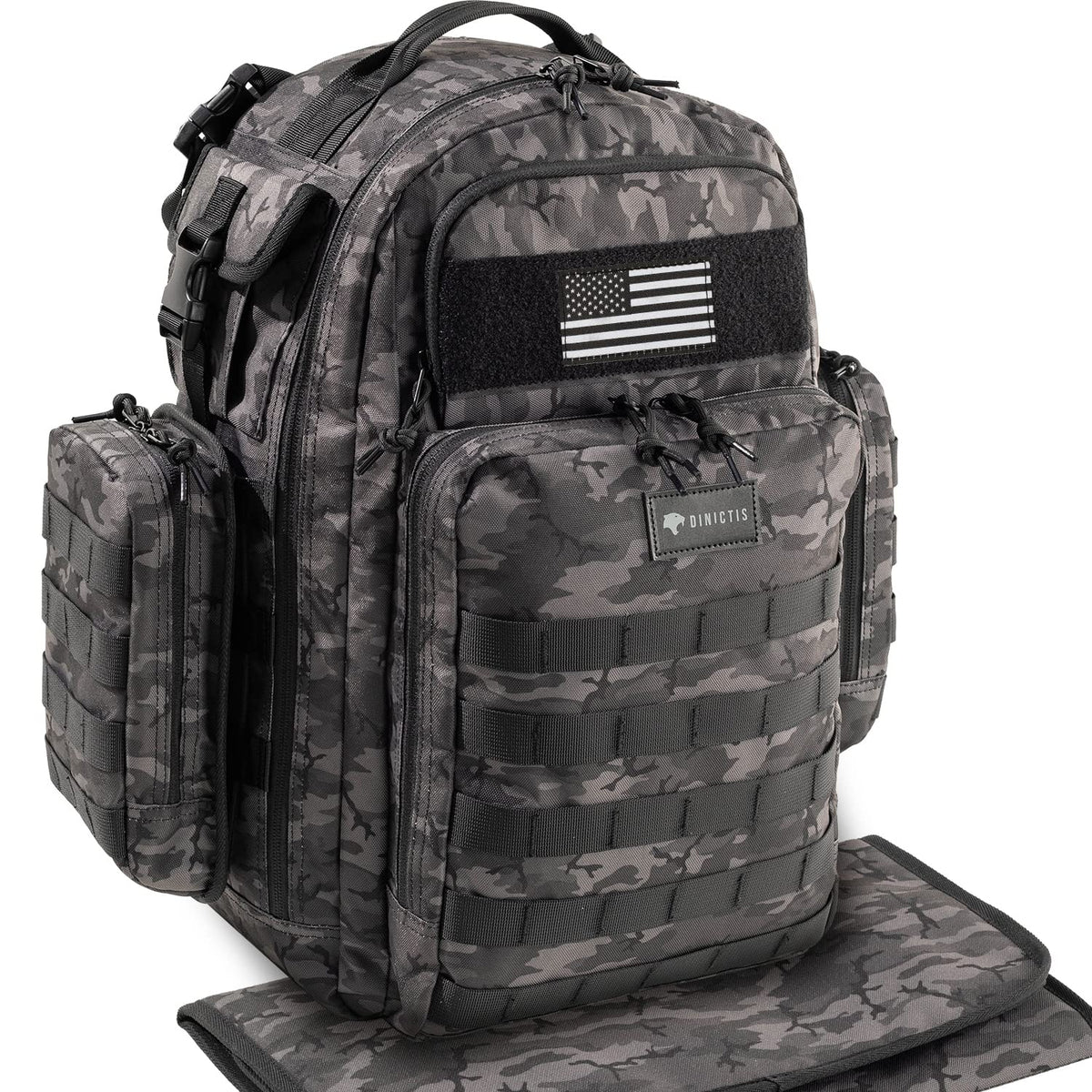 Dinictis Dad Diaper Bag front view shows organized pockets for quick access