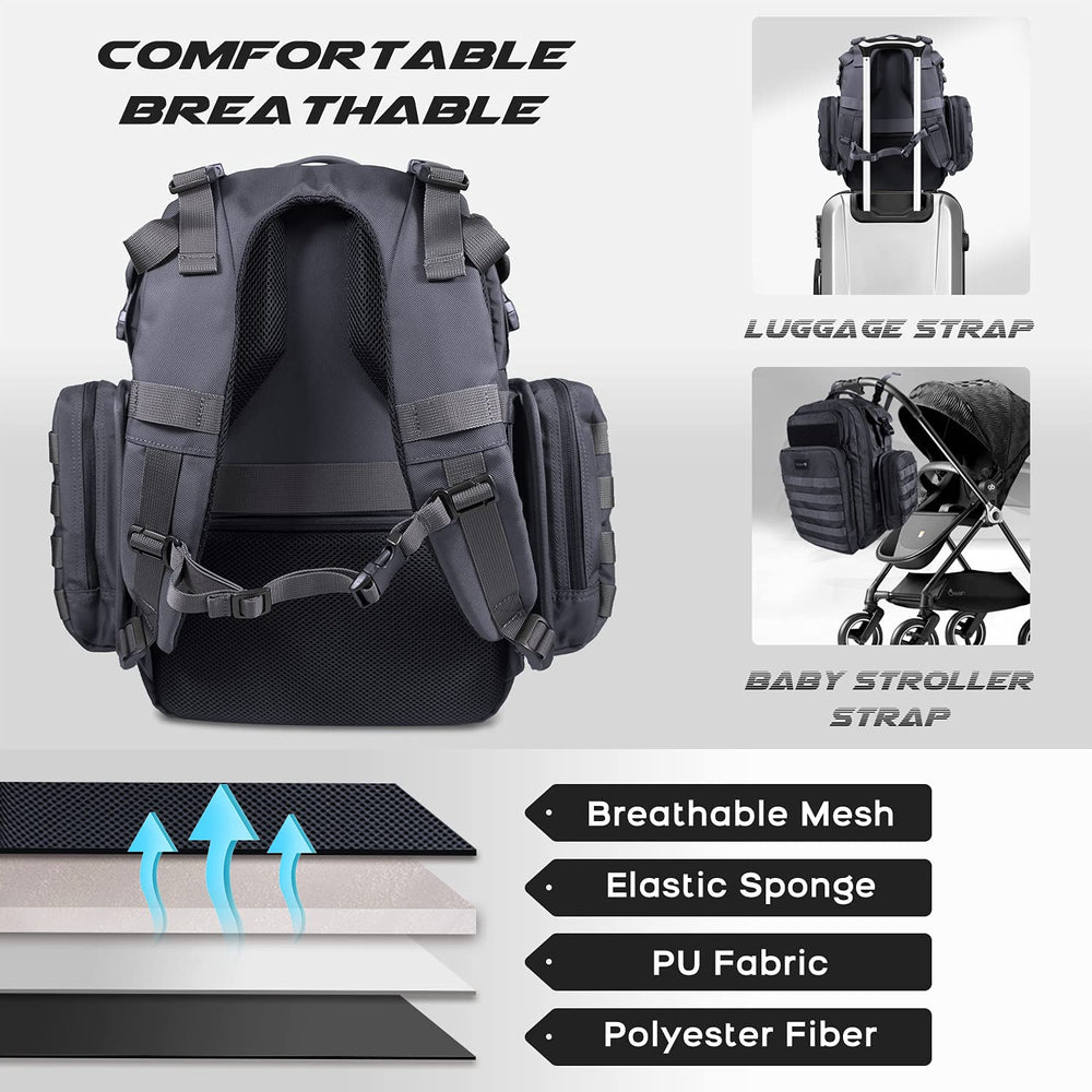 Dinictis Dad Diaper Bag insulated bottle pockets on left for temperature control.