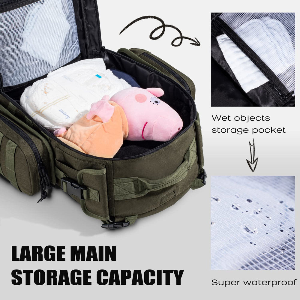 Dinictis dad diaper bag MOLLE webbing offers expandable accessory options.