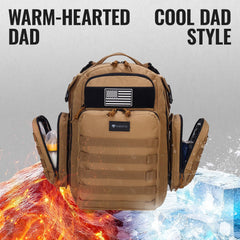 Dinictis dad diaper bag molle webbing shown for modular gear attachment.