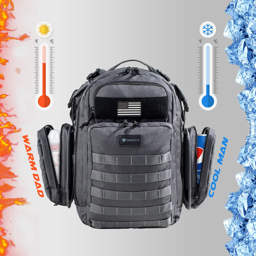Dinictis Dad Diaper Bag MOLLE webbing for configurable gear on adventures.