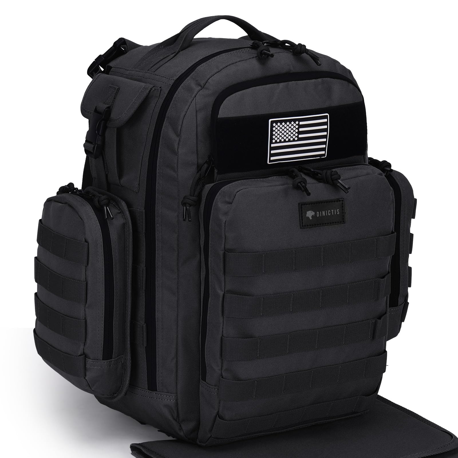 Dinictis Dad Diaper Bag tropical black front view, roomy layout for organized outings
