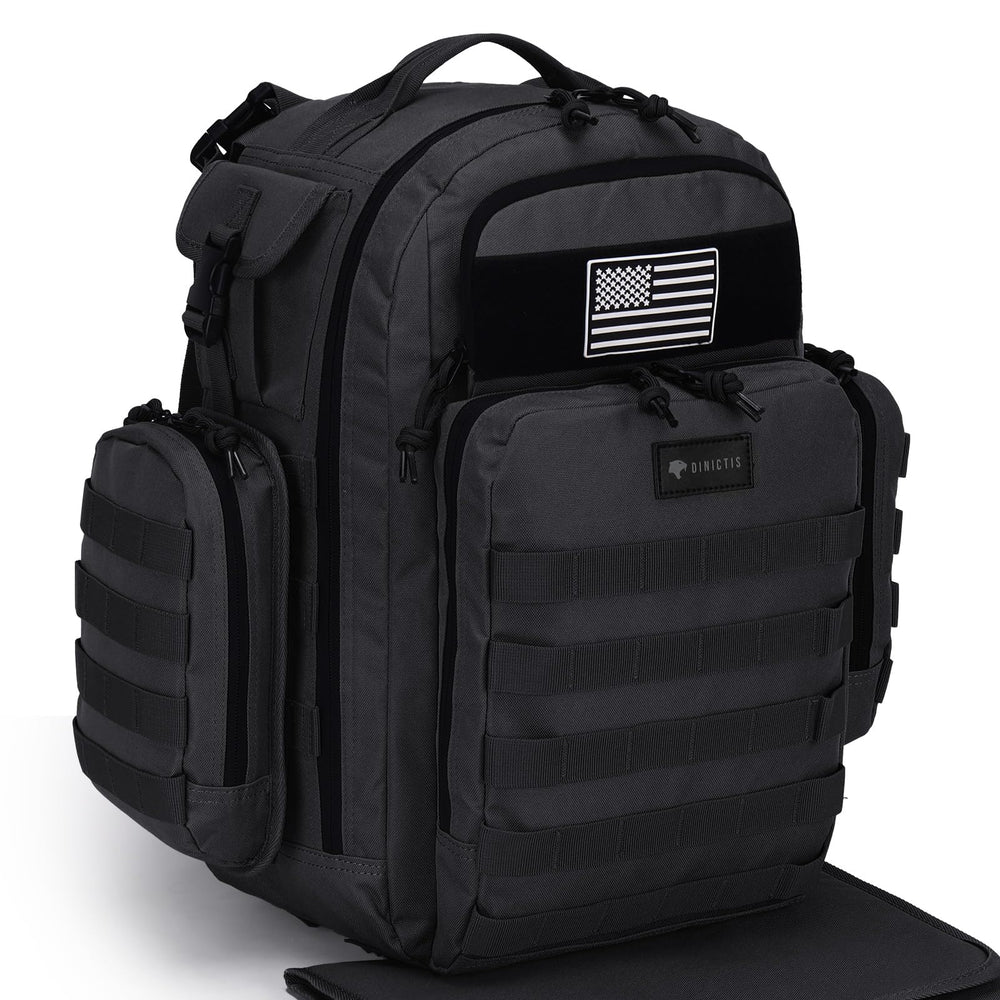 Dinictis Dad Diaper Bag tropical black front view, roomy layout for organized outings