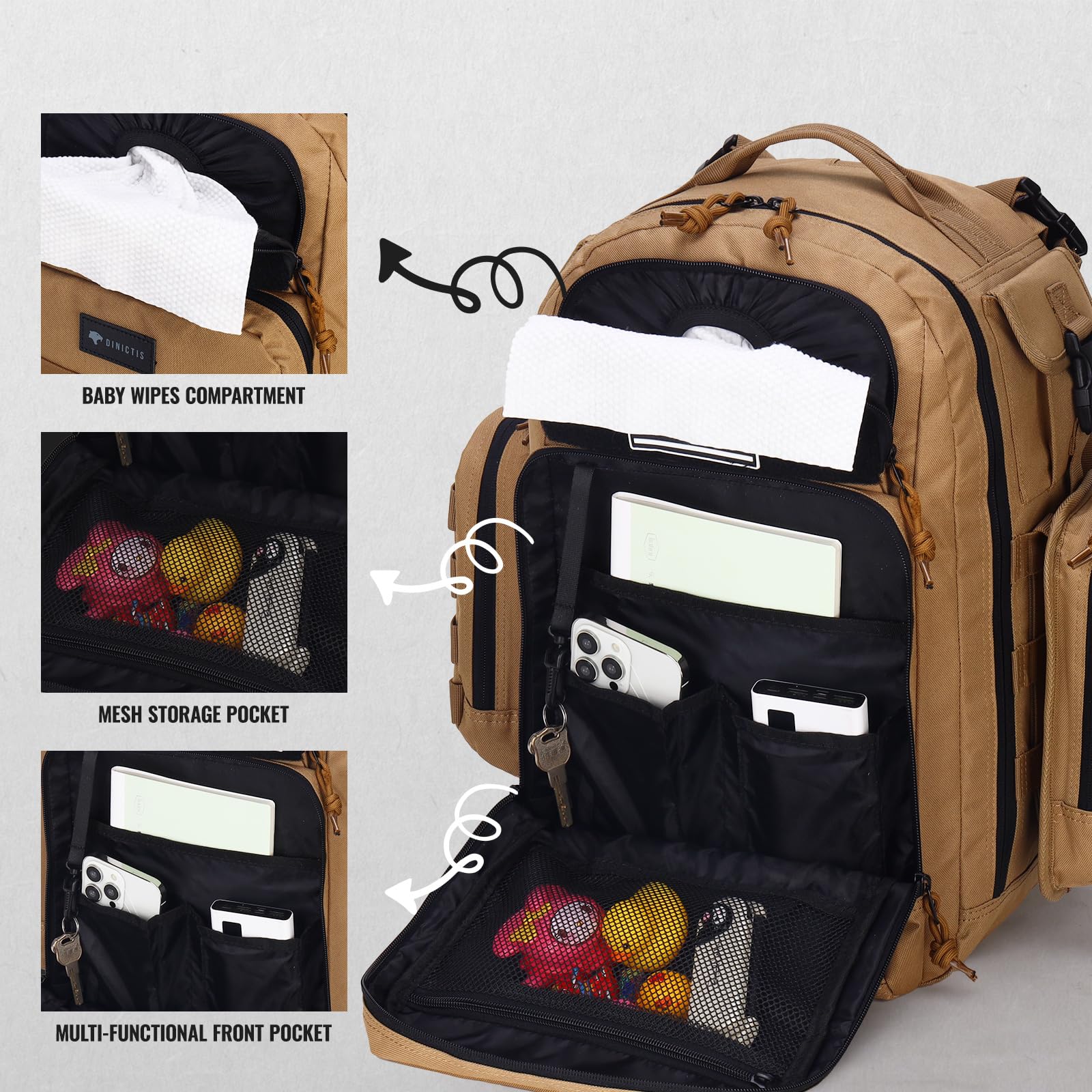 Dinictis diaper bag waterproof pouch demonstrates weather-resistant storage on the go.