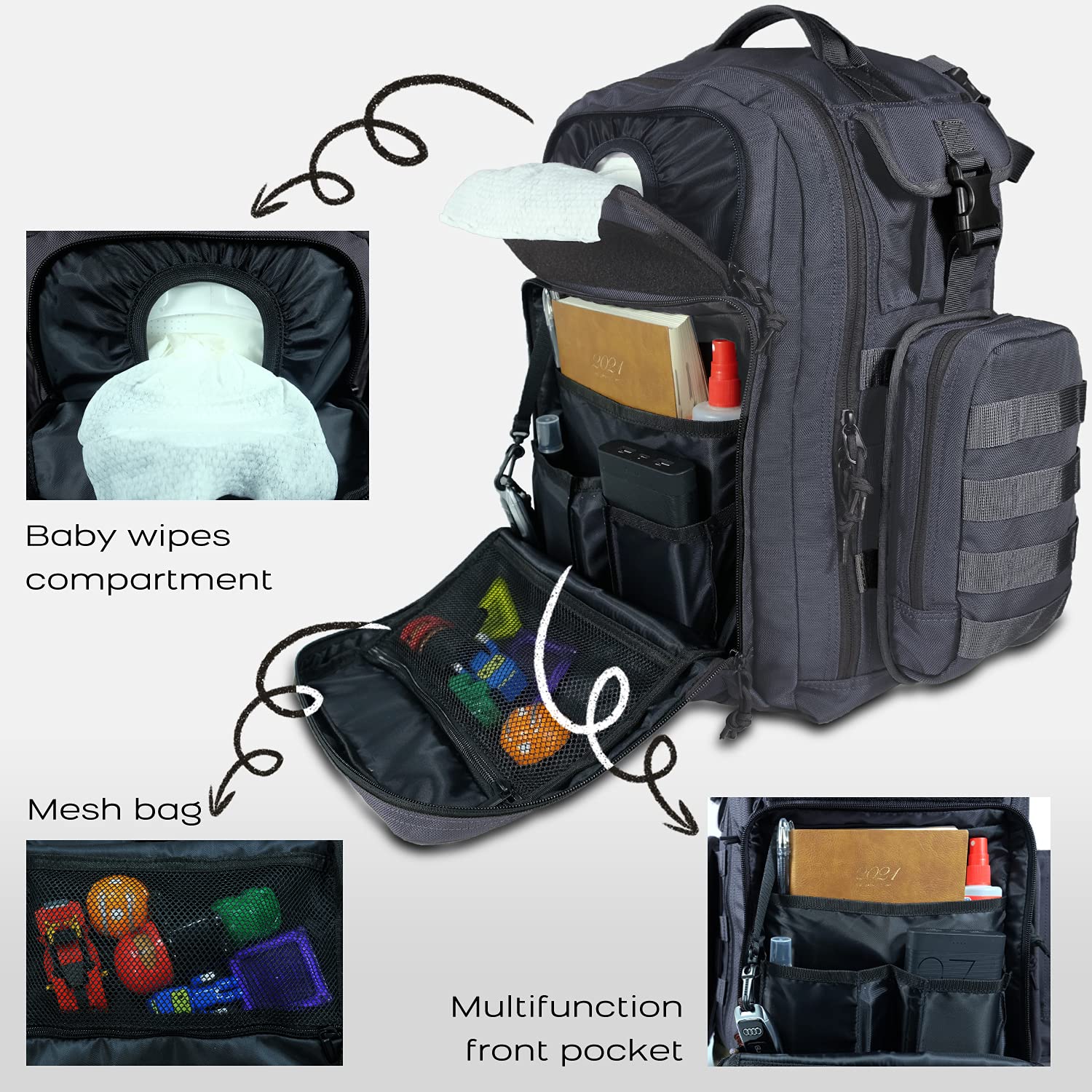 Dinictis Dad Diaper Bag wet wipes pocket provides quick, easy access.