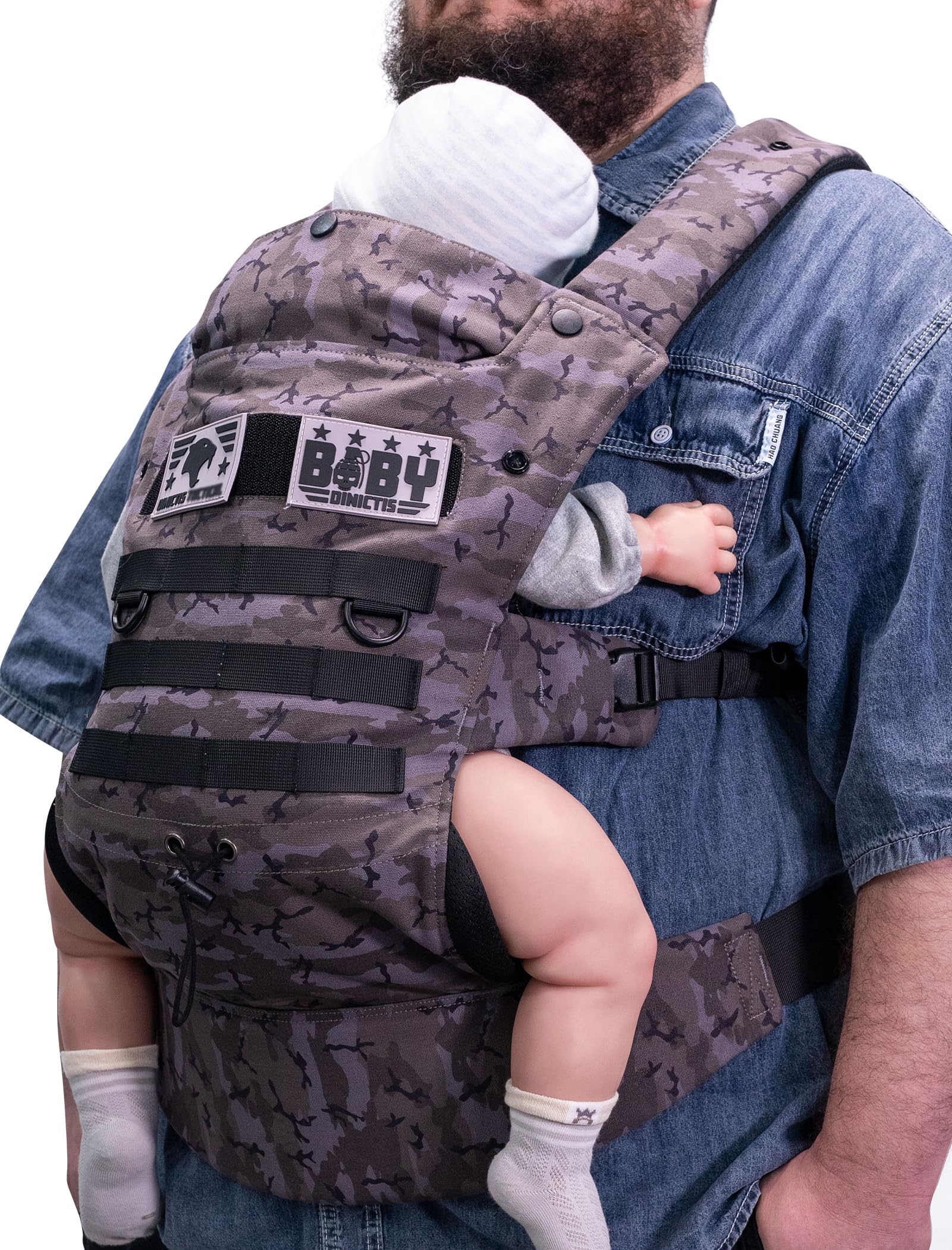 Dinictis Tactical baby carrier front view highlights ergonomic design for comfortable on-the-go wear