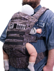Dinictis Tactical baby carrier front view highlights ergonomic design for comfortable on-the-go wear