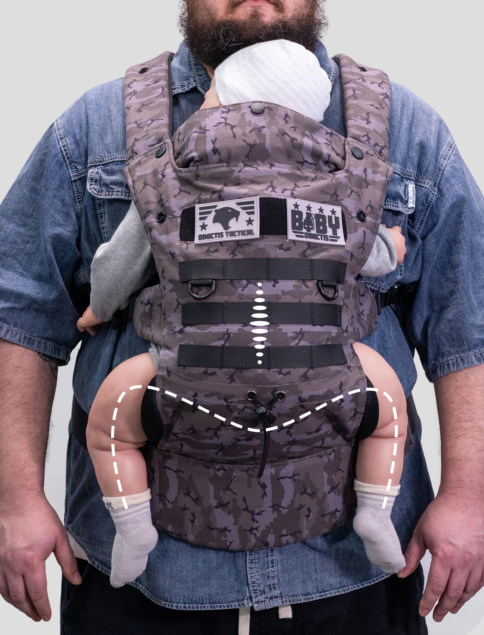 Dinictis Tactical baby carrier worn by parent shows hands-free mobility with breathable mesh